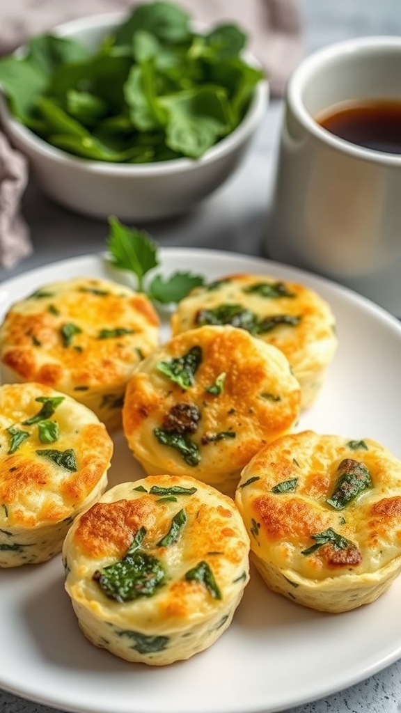 Fluffy spinach and cheese egg bites on a plate, with fresh herbs and a coffee in the background.